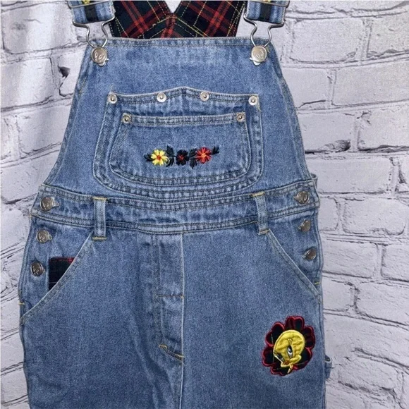 Warner Bros Looney Tunes Kids Tweety Bird Denim Jean Overalls Sz 10 Adj Straps - Picture 2 of 6